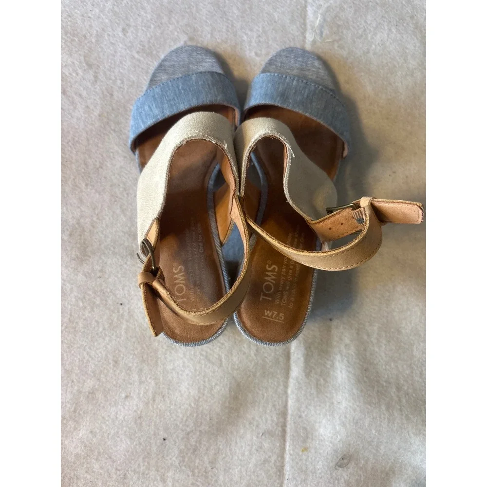 TOMS Block‎ Heel Sandals Womens 7.5 Blue Cream Tan Good Mixed Media Espadrille